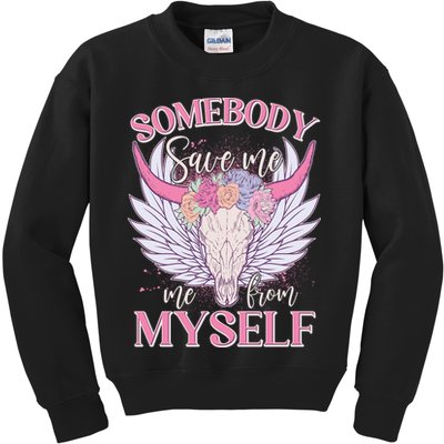 Somebody Save Me Me From Myself Vintage Boho Cow Skull Kids Sweatshirt