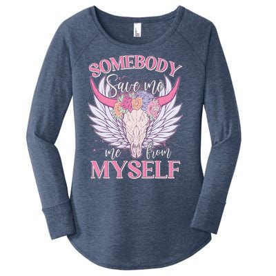 Somebody Save Me Me From Myself Vintage Boho Cow Skull Women's Perfect Tri Tunic Long Sleeve Shirt