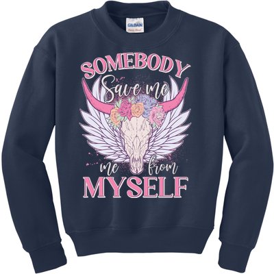 Somebody Save Me Me From Myself Vintage Boho Cow Skull Kids Sweatshirt