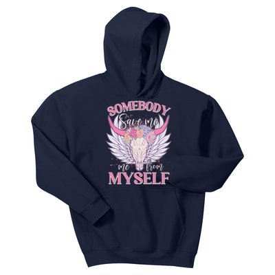 Somebody Save Me Me From Myself Vintage Boho Cow Skull Kids Hoodie