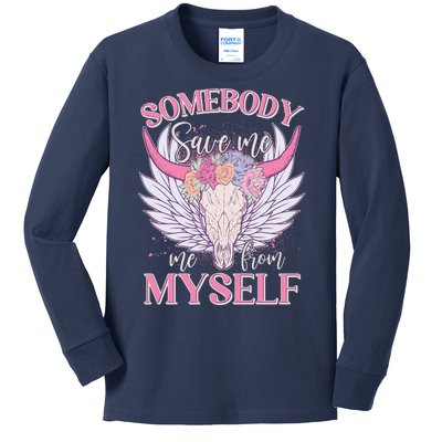 Somebody Save Me Me From Myself Vintage Boho Cow Skull Kids Long Sleeve Shirt