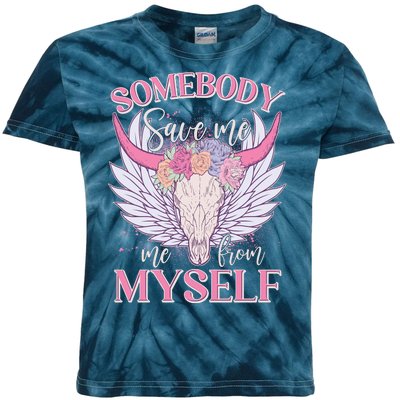 Somebody Save Me Me From Myself Vintage Boho Cow Skull Kids Tie-Dye T-Shirt