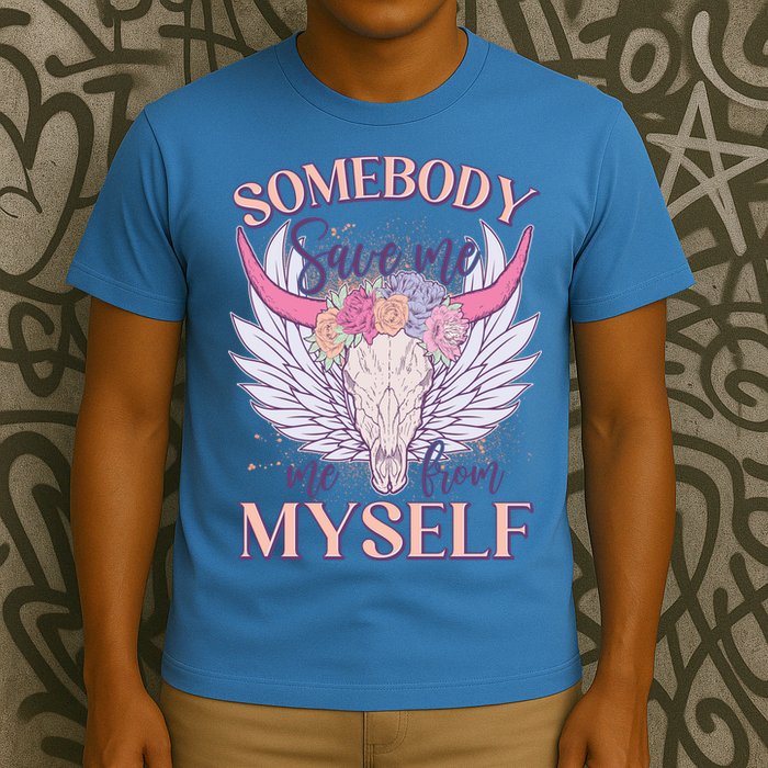 Somebody Save Me Me From Myself Vintage Boho Cow Skull T-Shirt