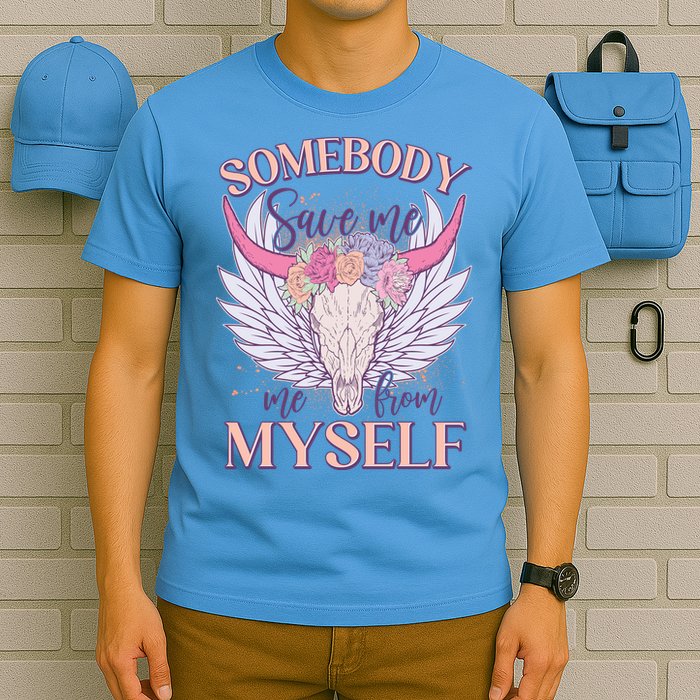 Somebody Save Me Me From Myself Vintage Boho Cow Skull T-Shirt