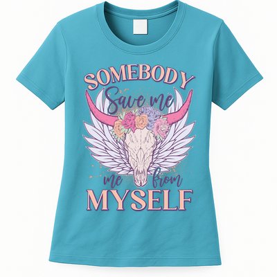 Somebody Save Me Me From Myself Vintage Boho Cow Skull Womens T-Shirt