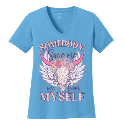 Somebody Save Me Me From Myself Vintage Boho Cow Skull Women's V-Neck T-Shirt