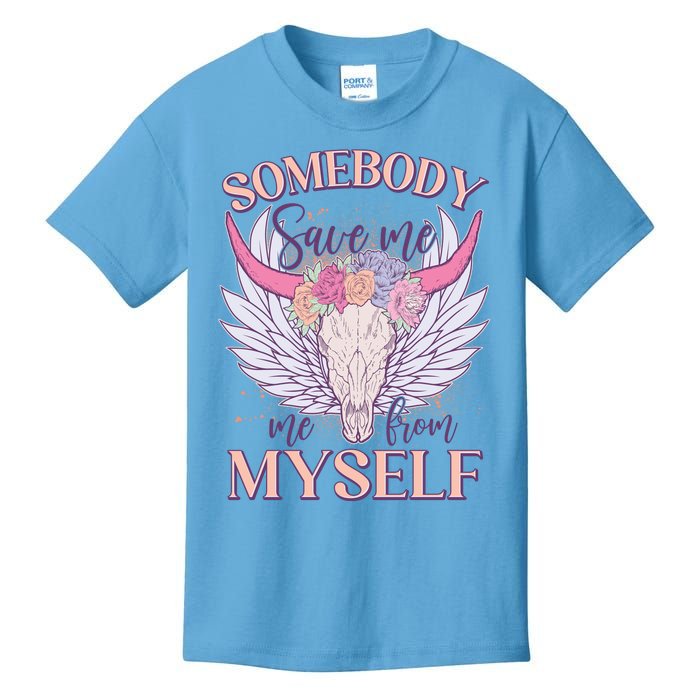 Somebody Save Me Me From Myself Vintage Boho Cow Skull Kids T-Shirt