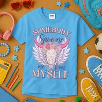 Somebody Save Me Me From Myself Vintage Boho Cow Skull Kids T-Shirt