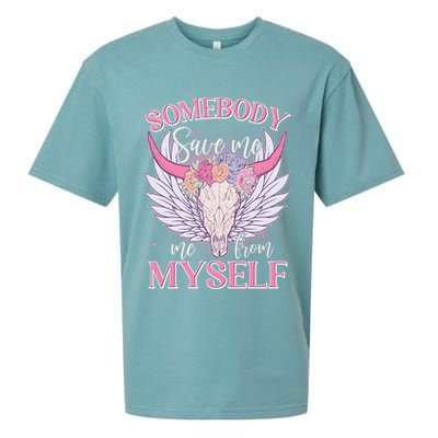 Somebody Save Me Me From Myself Vintage Boho Cow Skull Sueded Cloud Jersey T-Shirt