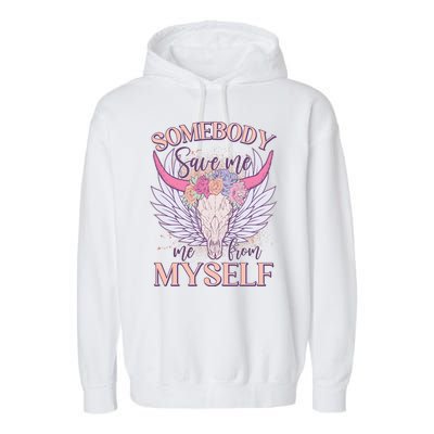 Somebody Save Me Me From Myself Vintage Boho Cow Skull Garment-Dyed Fleece Hoodie