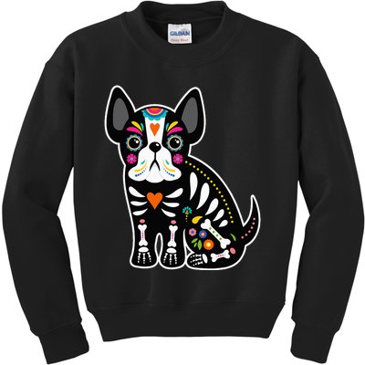 Sugar Skull Mexican French Bulldog Halloween Day Of The Dead Kids Sweatshirt