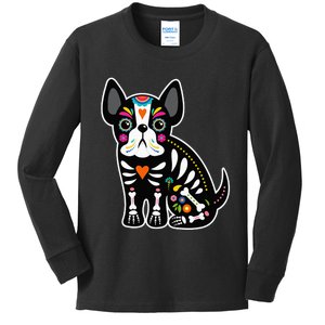 Sugar Skull Mexican French Bulldog Halloween Day Of The Dead Kids Long Sleeve Shirt