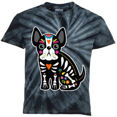 Sugar Skull Mexican French Bulldog Halloween Day Of The Dead Kids Tie-Dye T-Shirt