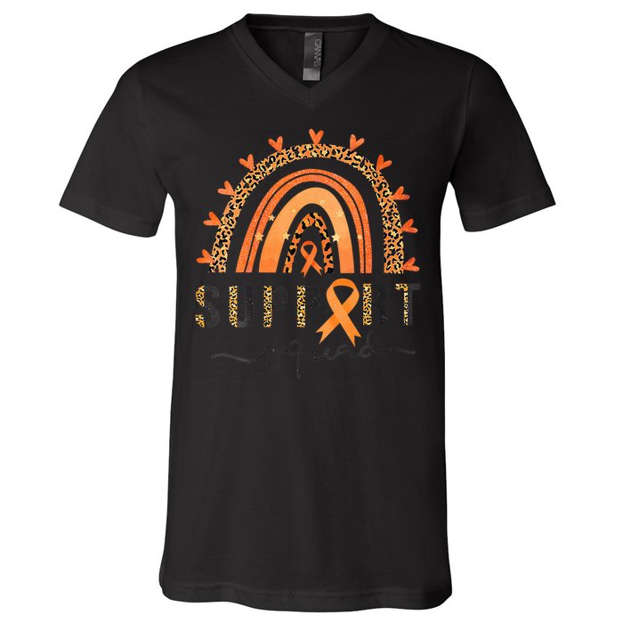 Support Squad Multiple Sclerosis Awareness Leopard Orange V-Neck T-Shirt