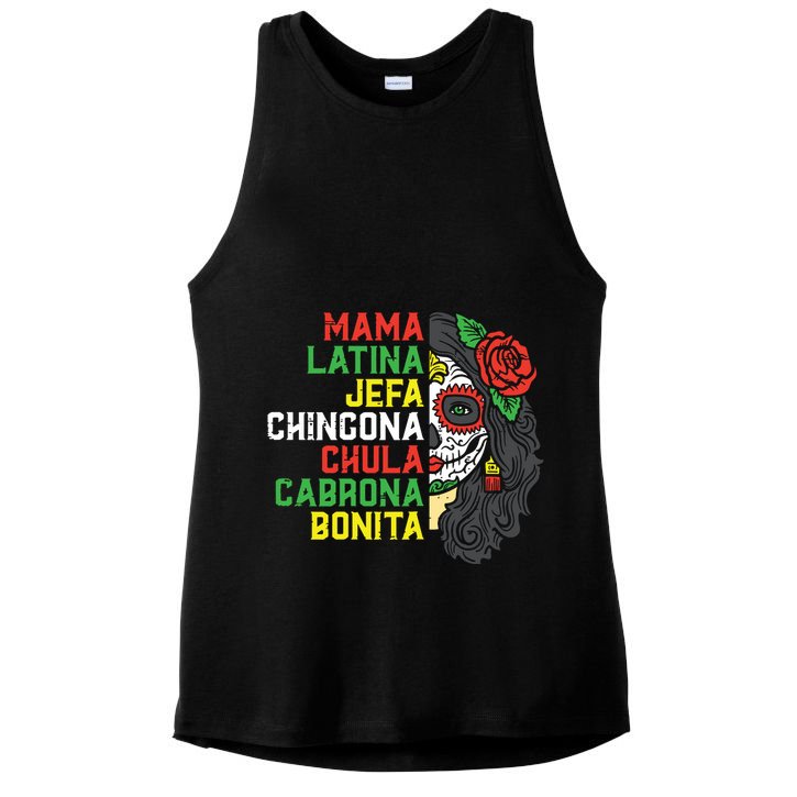 Sugar Skull Mama Latina Dia De Los Muertos Mexican Halloween Ladies PosiCharge Tri-Blend Wicking Tank