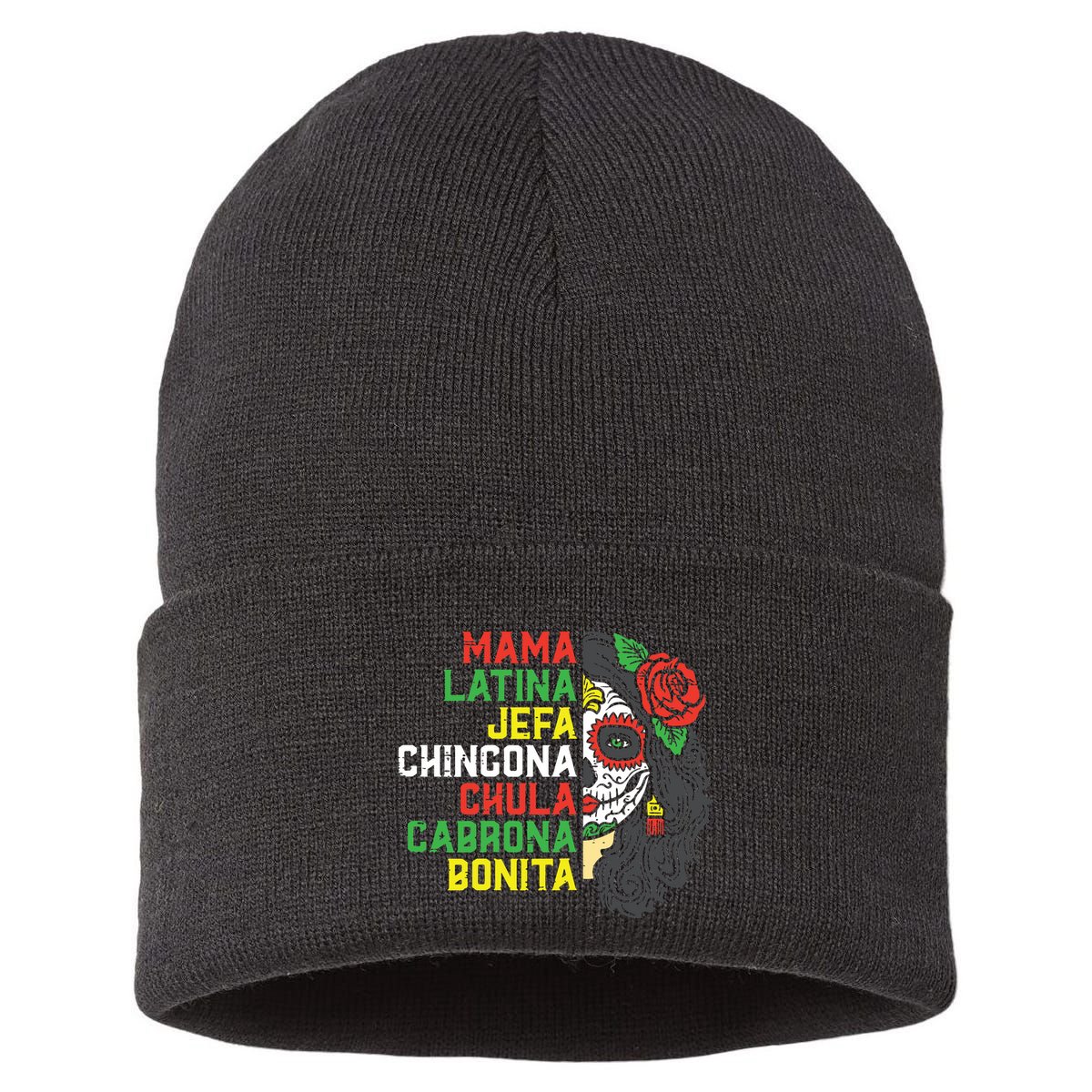 Sugar Skull Mama Latina Dia De Los Muertos Mexican Halloween Sustainable Knit Beanie