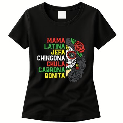 Sugar Skull Mama Latina Dia De Los Muertos Mexican Halloween Womens T-Shirt