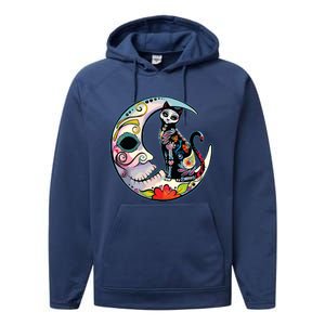 Sugar Skull Moon Cat Mexican Day Of Dead Dia De Los Muertos Performance Fleece Hoodie