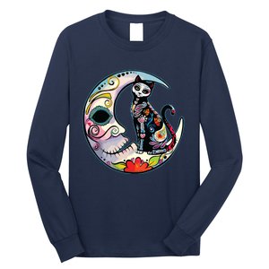 Sugar Skull Moon Cat Mexican Day Of Dead Dia De Los Muertos Long Sleeve Shirt