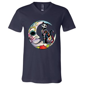 Sugar Skull Moon Cat Mexican Day Of Dead Dia De Los Muertos V-Neck T-Shirt