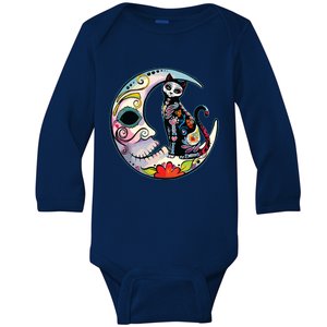 Sugar Skull Moon Cat Mexican Day Of Dead Dia De Los Muertos Baby Long Sleeve Bodysuit