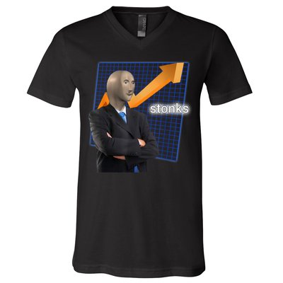 Stonks Surreal Memes Funny Stock V-Neck T-Shirt