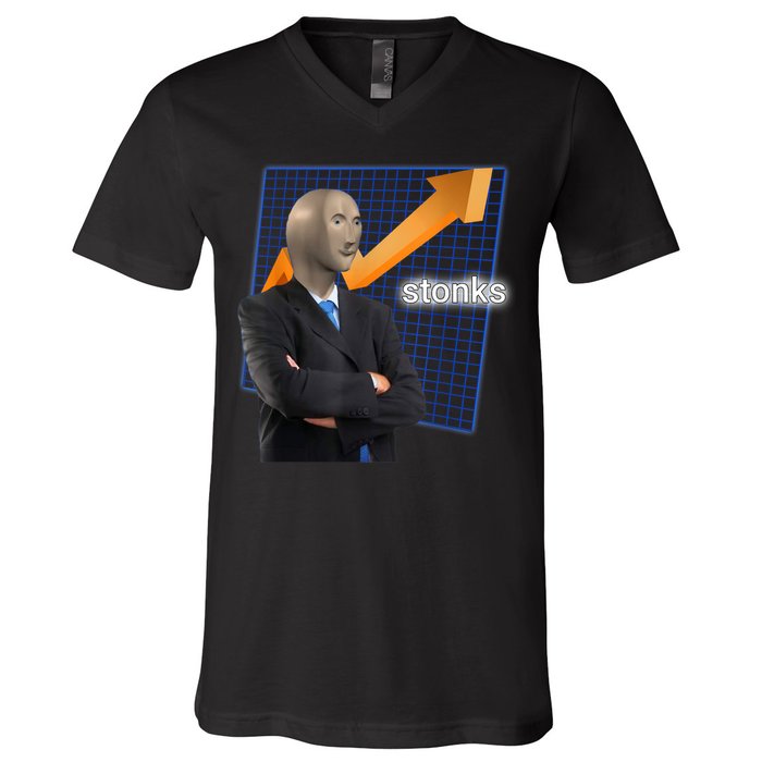 Stonks Surreal Memes Funny Stock V-Neck T-Shirt