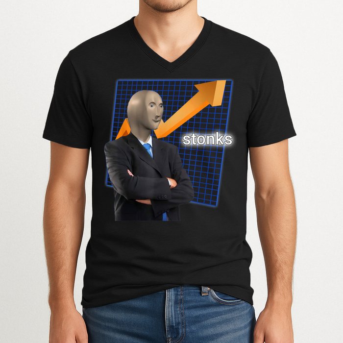 Stonks Surreal Memes Funny Stock V-Neck T-Shirt