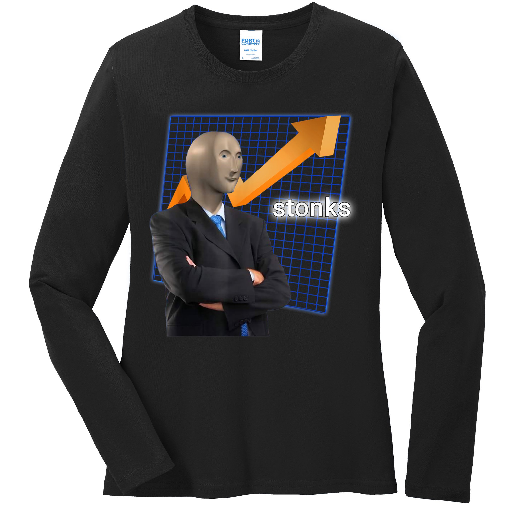 Stonks Surreal Memes Funny Stock Ladies Long Sleeve Shirt