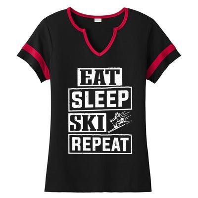 Skiier Skiing Mountain Eat Sleep Ski Repeat Cool Gift Ladies Halftime Notch Neck Tee