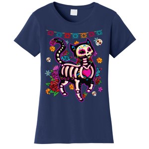 Sugar Skull Mexican Cat Bone Halloween Day Of Dead Women's T-Shirt