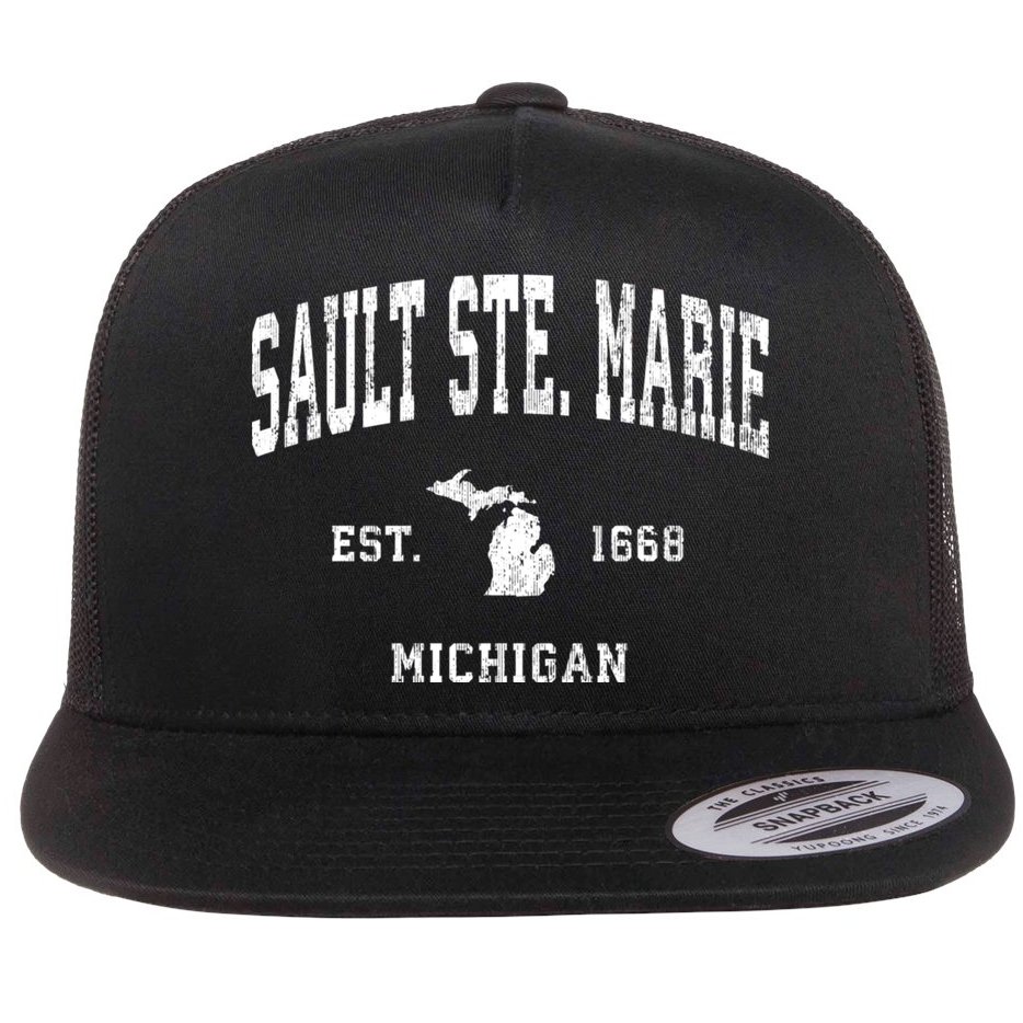 Sault Ste. Marie Michigan Mi Vintage Athletic Sports Flat Bill Trucker Hat