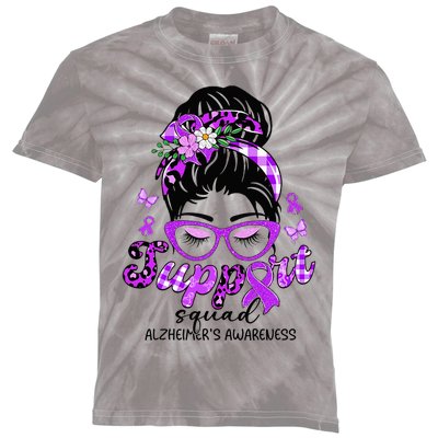 Support Squad Messy Bun Leopard Alzheimer's Awareness Kids Tie-Dye T-Shirt