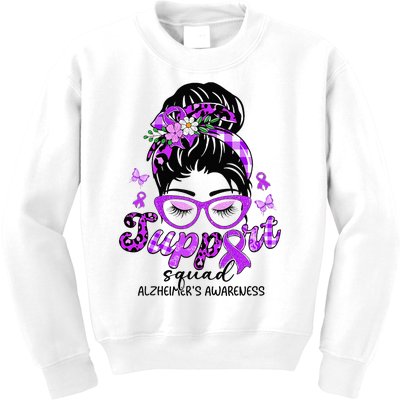 Support Squad Messy Bun Leopard Alzheimer's Awareness Kids Sweatshirt