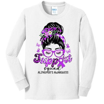 Support Squad Messy Bun Leopard Alzheimer's Awareness Kids Long Sleeve Shirt