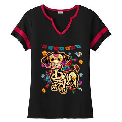 Sugar Skull Mexican Dachshund Bone Halloween Day Of Dead Ladies Halftime Notch Neck Tee