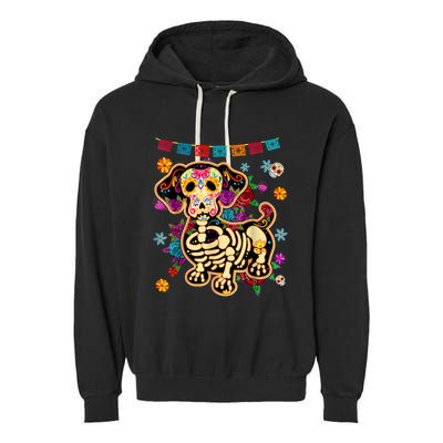 Sugar Skull Mexican Dachshund Bone Halloween Day Of Dead Garment-Dyed Fleece Hoodie