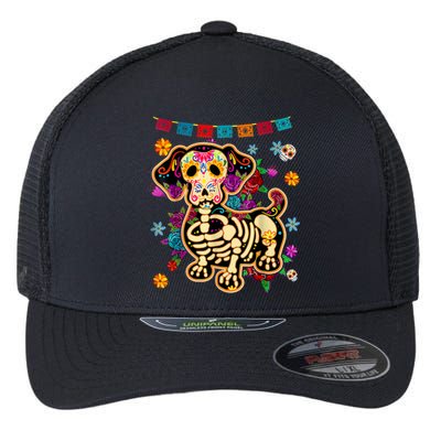 Sugar Skull Mexican Dachshund Bone Halloween Day Of Dead Flexfit Unipanel Trucker Cap