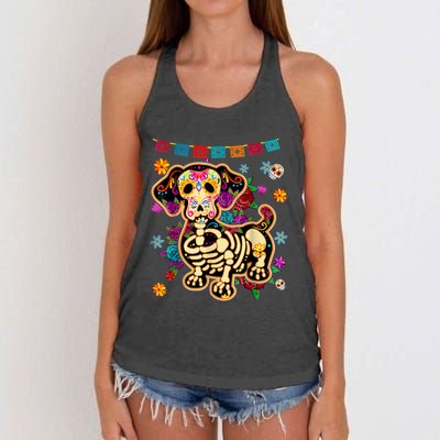 Sugar Skull Mexican Dachshund Bone Halloween Day Of Dead Women's Knotted Racerback Tank