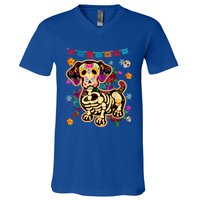 Sugar Skull Mexican Dachshund Bone Halloween Day Of Dead V-Neck T-Shirt