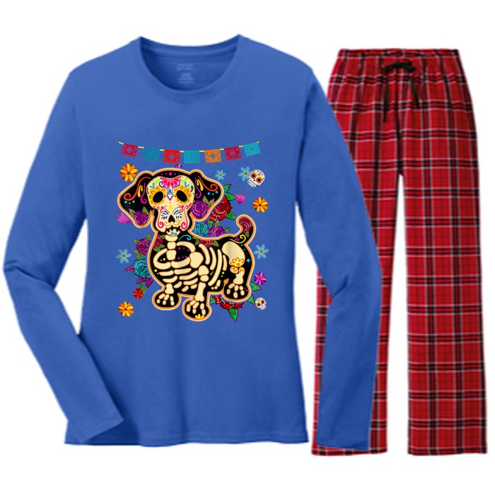 Sugar Skull Mexican Dachshund Bone Halloween Day Of Dead Women's Long Sleeve Flannel Pajama Set 