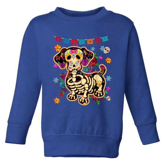 Sugar Skull Mexican Dachshund Bone Halloween Day Of Dead Toddler Sweatshirt