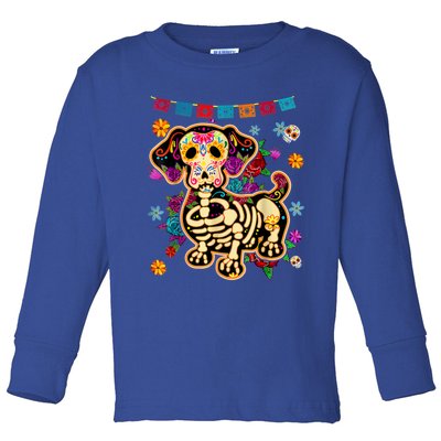 Sugar Skull Mexican Dachshund Bone Halloween Day Of Dead Toddler Long Sleeve Shirt