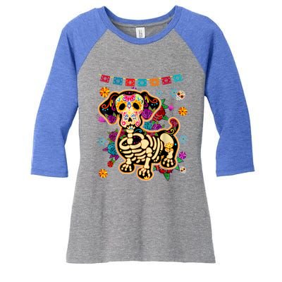 Sugar Skull Mexican Dachshund Bone Halloween Day Of Dead Women's Tri-Blend 3/4-Sleeve Raglan Shirt