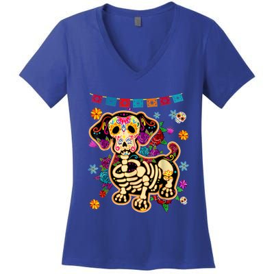 Sugar Skull Mexican Dachshund Bone Halloween Day Of Dead Women's V-Neck T-Shirt