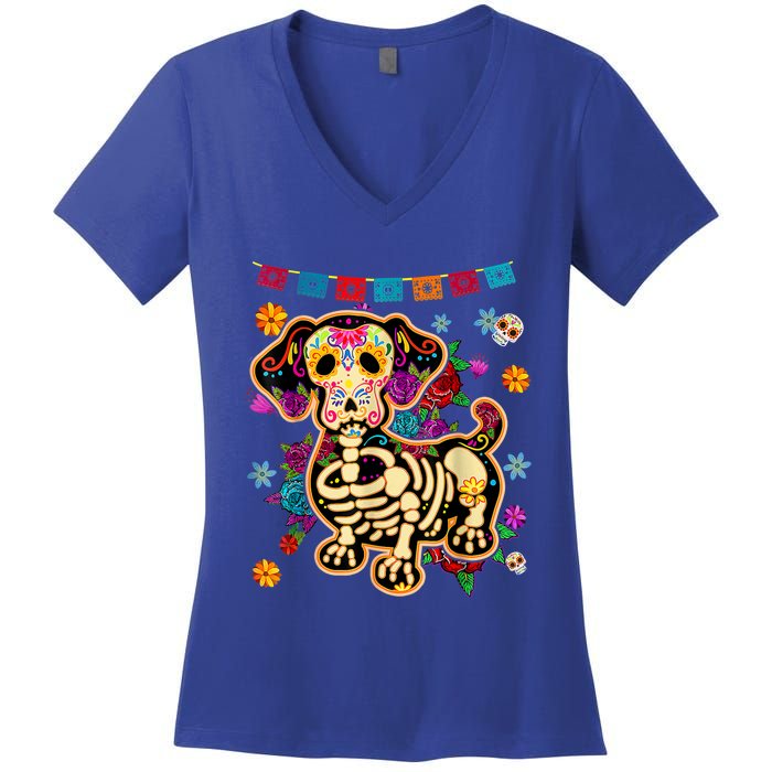 Sugar Skull Mexican Dachshund Bone Halloween Day Of Dead Women's V-Neck T-Shirt