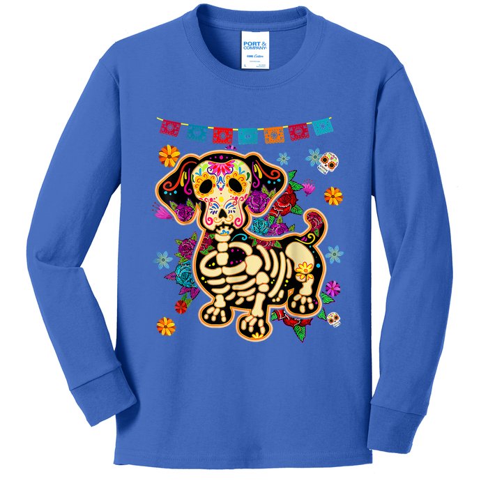 Sugar Skull Mexican Dachshund Bone Halloween Day Of Dead Kids Long Sleeve Shirt