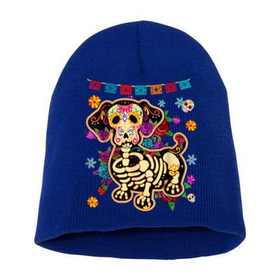 Sugar Skull Mexican Dachshund Bone Halloween Day Of Dead Short Acrylic Beanie