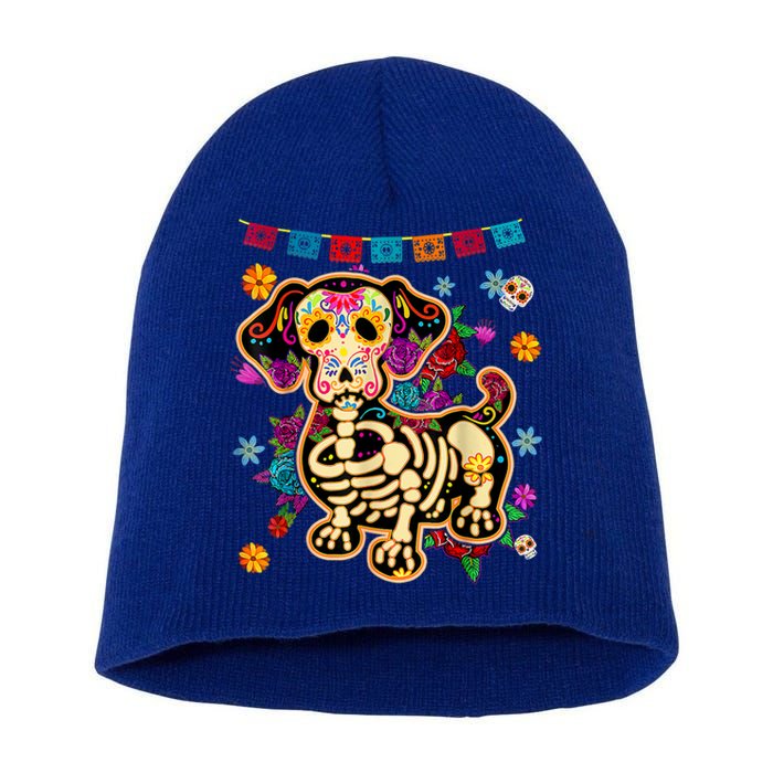 Sugar Skull Mexican Dachshund Bone Halloween Day Of Dead Short Acrylic Beanie