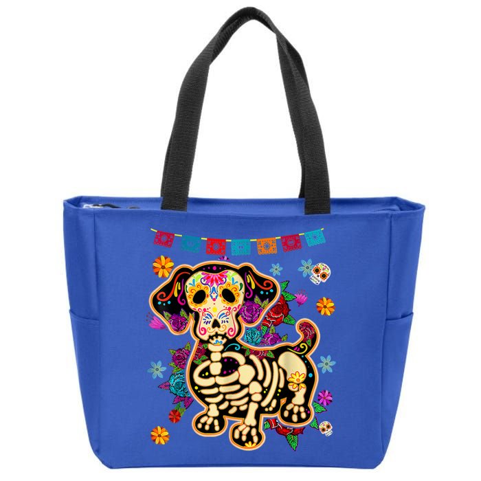 Sugar Skull Mexican Dachshund Bone Halloween Day Of Dead Zip Tote Bag